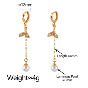 Elegant gold fishtail hoop earrings with long tassels and 8mm white pearls for women