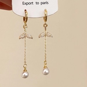 Fishtail Tassel Artificial Pearl Hoop Earrings Copper With Zircon Long Dangle Elegant Fashion Jewelry For Women