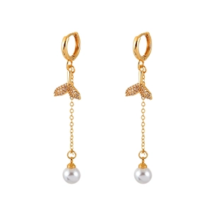 Elegant gold fishtail tassel earrings with white pearls and sparkling zircon accents