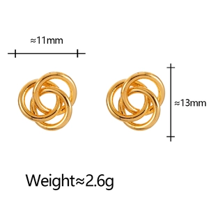 Detail view of gold-plated trinity knot earrings with size 11mm by 13mm dimensions