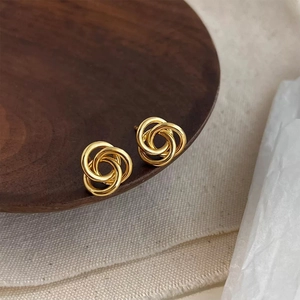 Elegant gold-plated twisted triple hoop stud earrings in a minimalist knot design