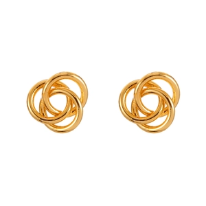 Macro shot of gold-plated intertwined triple ring stud earrings with polished finish