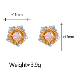 Two-tone silver and gold flower stud earrings with zircon stone, size 15mm, weight 3.9g