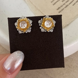 Gold Silver Color Flower Stud Earrings With Zircon And 925 Sterling Silver Earring Post Retro Elegant Jewelry For Women