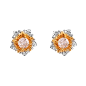 Elegant two-tone flower stud earrings with sparkling cubic zirconia and ribbed petals