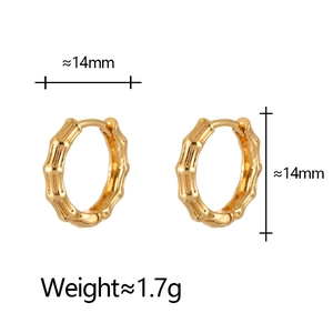 Gold bamboo-style hoop earrings 14mm diameter, minimalist geometric luxury jewelry for women