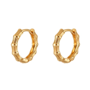 Elegant gold bamboo joint hoop earrings with vintage textured metal finish on white background