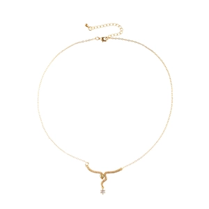 Gold snake pendant necklace with white zircons, green accent stone and round drop crystal