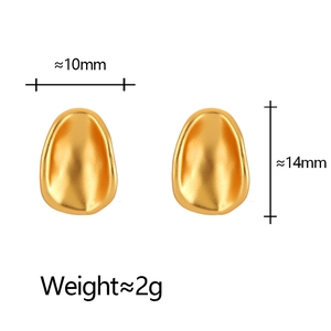 Detail showing 10mm by 14mm matte gold irregular oval stud earrings on white background