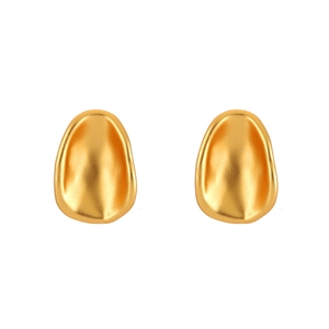 Detailed close-up of golden matte oval earrings with irregular concave leaf design