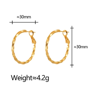 Minimalist twisted gold hoop earrings with spiral texture for women, 30mm diameter size