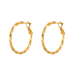Elegant gold twisted hoop earrings with textured finish in minimalist circular design
