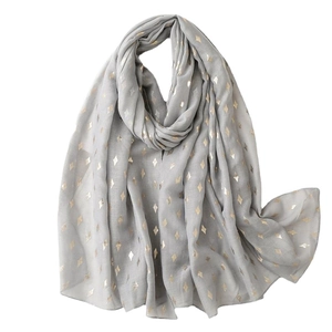 Light gray cotton linen scarf for women with gold diamond pattern and rolled edges