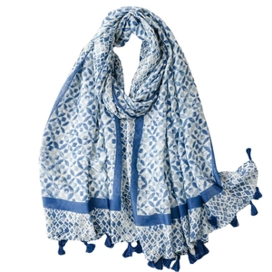 Indigo kaleidoscope pattern cotton linen scarf with tassels on white background