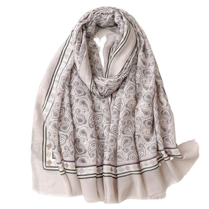 Vintage paisley print cotton linen scarf in lilac with silver foil and tassel edges
