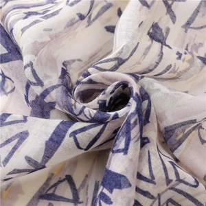 Soft purple hand-painted floral voile scarf with tassels and fringe texture