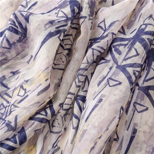 Macro shot of thin purple printed scarf showing fabric texture and abstract geometry