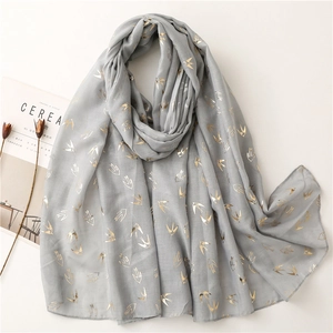 Light gray cotton linen feeling scarf with gold foil bird pattern for women