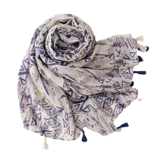 Lightweight cotton-linen feel scarf with purple geometric prints and tassel details