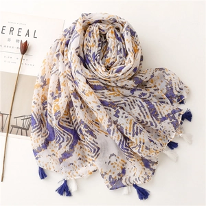Eleganter violetter Baumwoll-Leinen-Schal mit Quasten und geometrischem Paisleymuster