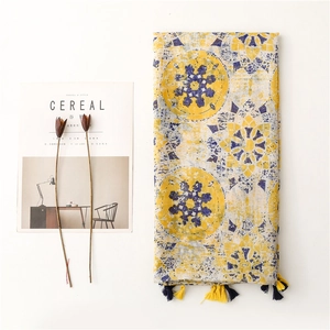 Blue and yellow floral printed scarf with tassels, featuring elegant geometric patterns