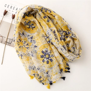 Floral mandala print cotton linen scarf in yellow and blue with tassel fringe accents