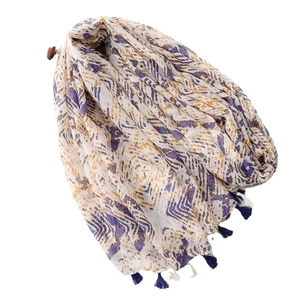 Ethno-Schal mit violetten und orangefarbenen Wellenmustern und dunkelblauen Quasten