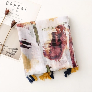 Artistic oil painting style scarf with tassels and breathable cotton-linen texture detail
