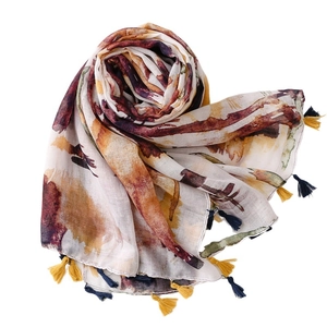 Ethnic cotton-linen scarf with colorful watercolor floral print and tassel edges