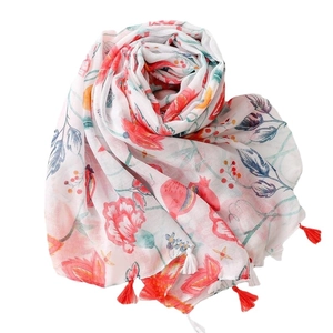 White rectangle scarf with red floral pomegranate patterns and decorative fringe tassels