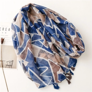Ethnic style scarf with geometric patterns and tassels, lightweight linen texture shawl