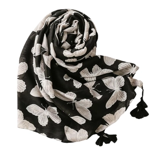 Soft herringbone black scarf with white butterfly prints and fringed tassels for winter