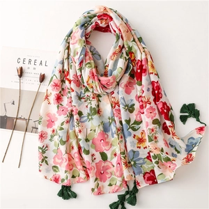 Écharpe Longue Imprimé Floral Châle Polyester Sensation Coton Lin Doux Respirant Pompons Protection Solaire Voyage Plage Femmes