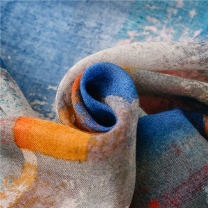 Ethnic mosaic print bali gauze shawl scarf with blue and orange color blocks