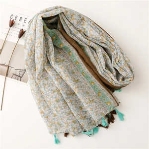 Floral print voile scarf with colorful fringe tassels and breathable cotton-linen texture
