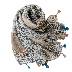 Bohemian geometric floral long scarf with tassels in brown, beige and navy blue colors