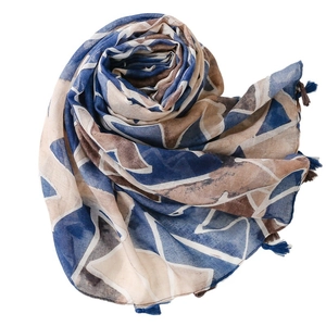 Ethnic style geometric print scarf with blue tassels and soft cotton-linen texture