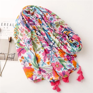 Colorful floral cotton linen beach scarf with pink tassels and herringbone texture