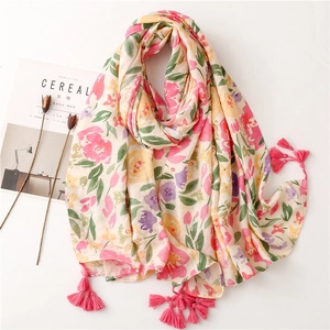 Floral Print Long Scarf Shawl Polyester Cotton Feel Tropical Plant Tassel Fringe Beach Sunscreen Wrap Women