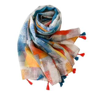Ethnic mosaic print cotton linen scarf with colorful abstract patterns and tassel fringe