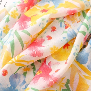 Tropical floral print scarf in beige cotton linen with bright yellow and pink flowers