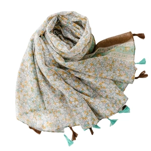 Floral print cotton-linen scarf with tassels and colorful patterns for women