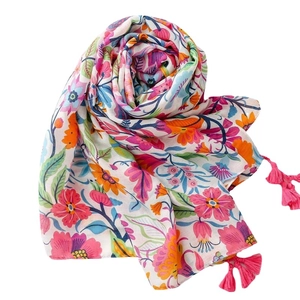 Colorful floral cotton linen shawl with bright pink tassels and vibrant flower pattern
