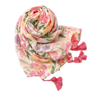Floral cotton linen beach shawl with tropical flower print and pink tassels for women