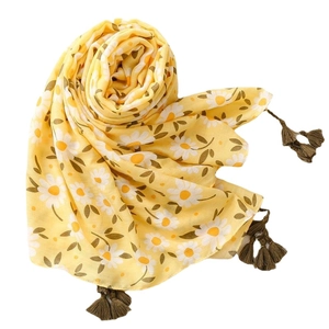 Lemon yellow lightweight scarf with white daisy print and elegant dark tassels