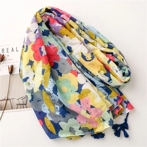 Colorful tropical floral cotton linen scarf with tassels and abstract botanical prints