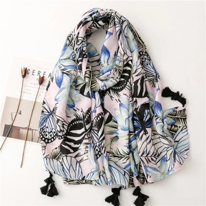 Long Scarf Shawl Women Polyester Cotton Linen Feel Tropical Plant Flower Butterfly Print Black Tassels Fringe Elegant