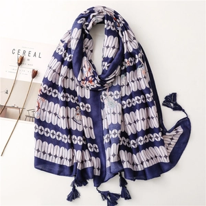 Navy Blue Geometric Butterfly Print Shawl Scarf Cotton Linen Feel With Tassels For Women Vintage Beach Wrap