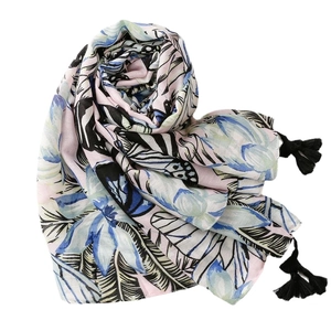 Tropical floral cotton linen beach scarf with blue blossoms and black tassels