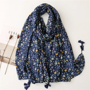 Floral Scarf Shawl Lightweight Polyester Cotton Linen Feel Butterfly Print Long Wrap With Tassels Vintage For Women